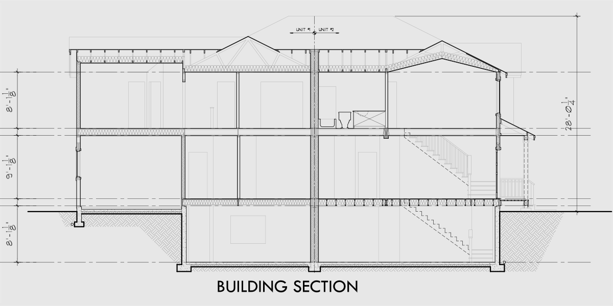 House rear elevation view for D-654 Corner lot duplex house plan with basement D-654