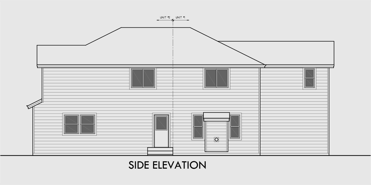 House side elevation view for D-654 Corner lot duplex house plan with basement D-654
