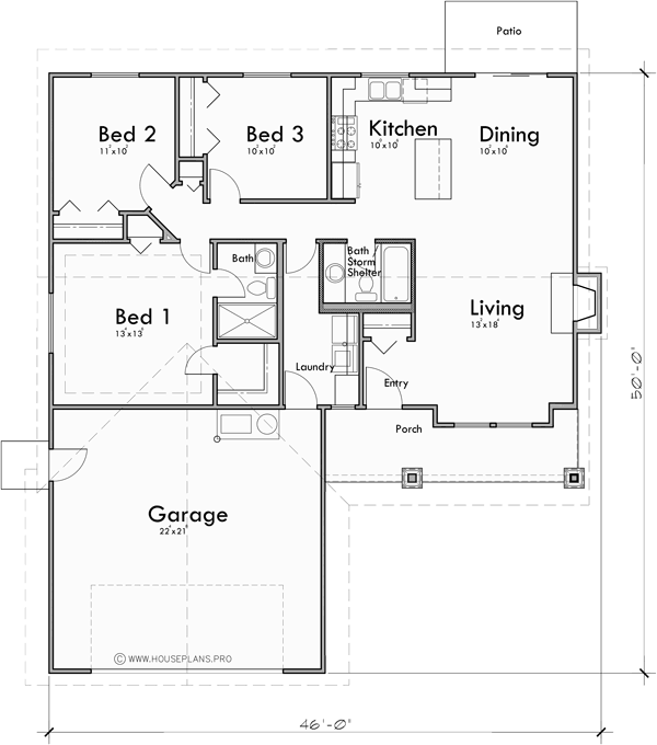Main Floor Plan for 10201 Ranch house plan, with safe house storm room, 10201
