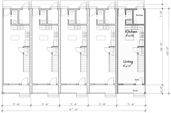 Main Floor Plan 2 for FV-594 Narrow 5 Plex Townhouse Plan