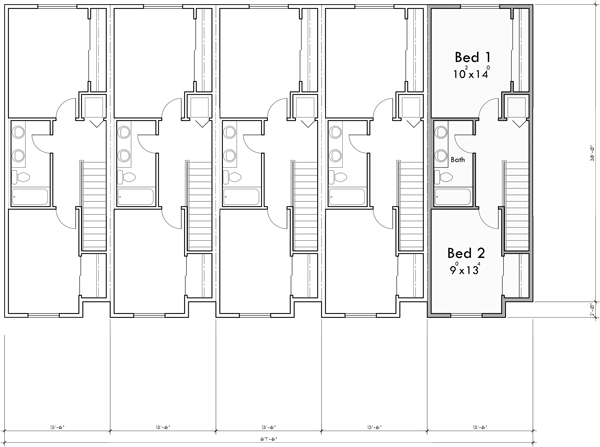 Upper Floor Plan 2 for Narrow 5 Plex Townhouse Plan