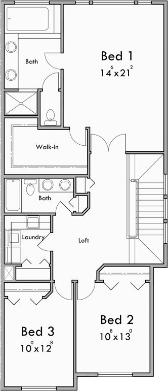 Upper Floor Plan for D-651 Townhouse Duplex Plan
