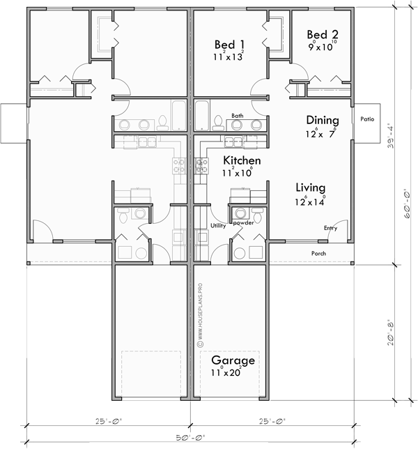 Main Floor Plan for D-659 Single Level Ranch Duplex House Plan D-659