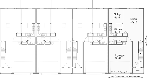 Main Floor Plan 2 for F-609 Modern 4 Unit Town House Plan F-609