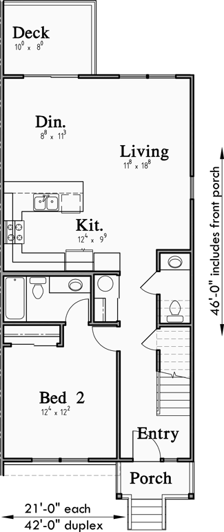 Main Floor Plan for D-660 4 bedroom, master bedroom on the main floor, duplex house plan, D-660
