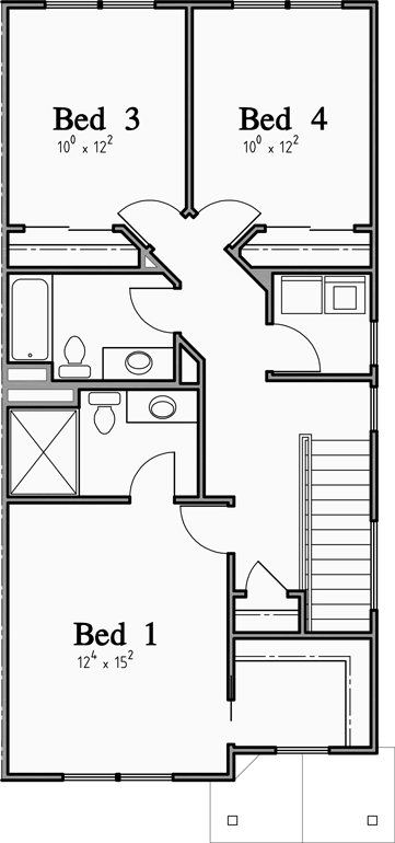 Upper Floor Plan for D-660 4 bedroom, master bedroom on the main floor, duplex house plan, D-660
