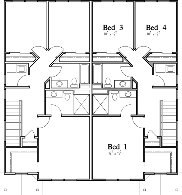 Upper Floor Plan 2 for 4 bedroom, master bedroom on the main floor, duplex house plan, D-660