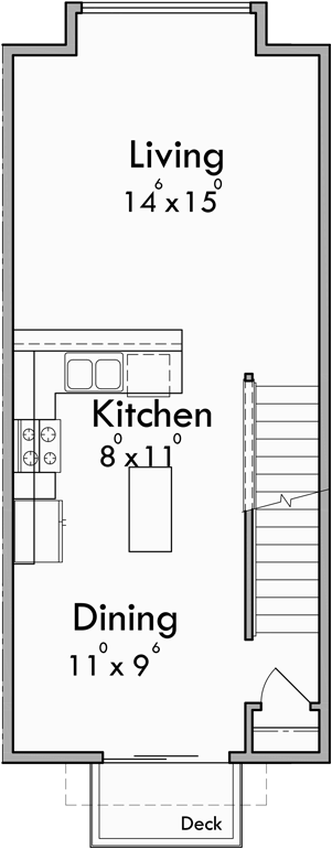 Main Floor Plan for S-741 6 Row, 3 Story, Narrow Townhouse Plans with Office S-741