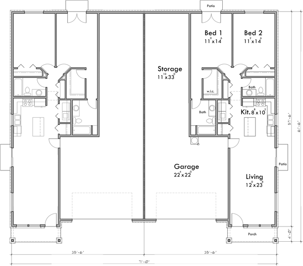 Main Floor Plan 2 for D-650 One level ranch duplex design 3 car garage D-650