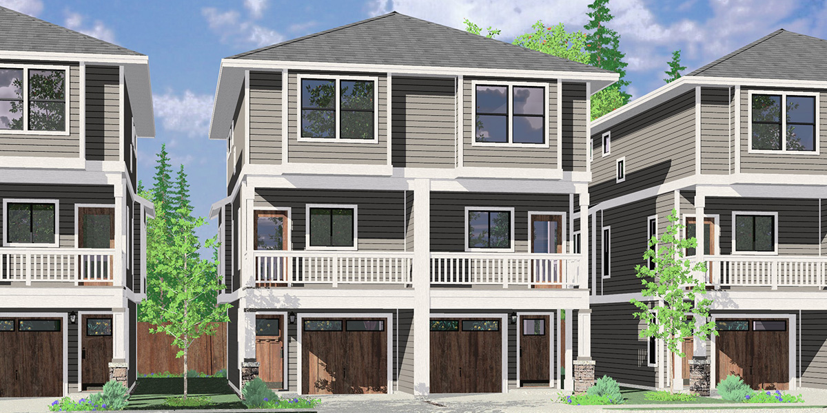House front color elevation view for D-642 Narrow town house plan D-642