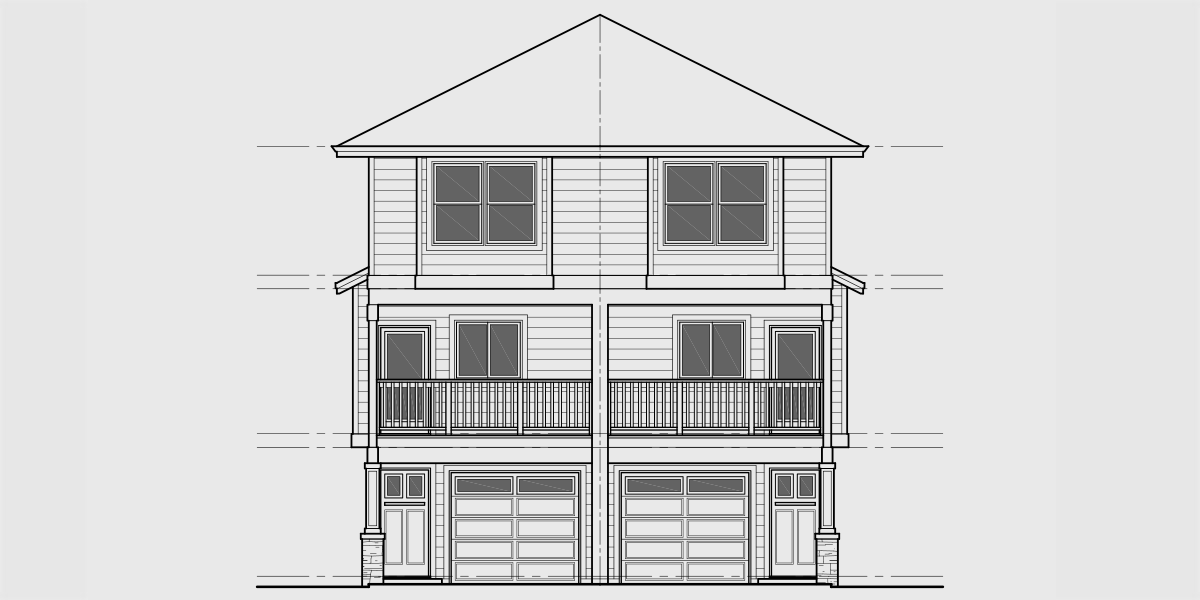House front drawing elevation view for D-642 Narrow town house plan D-642
