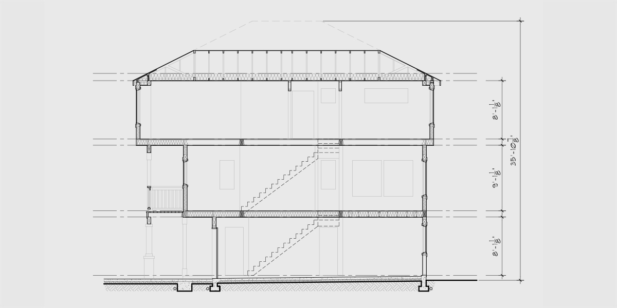 House rear elevation view for D-642 Narrow town house plan D-642