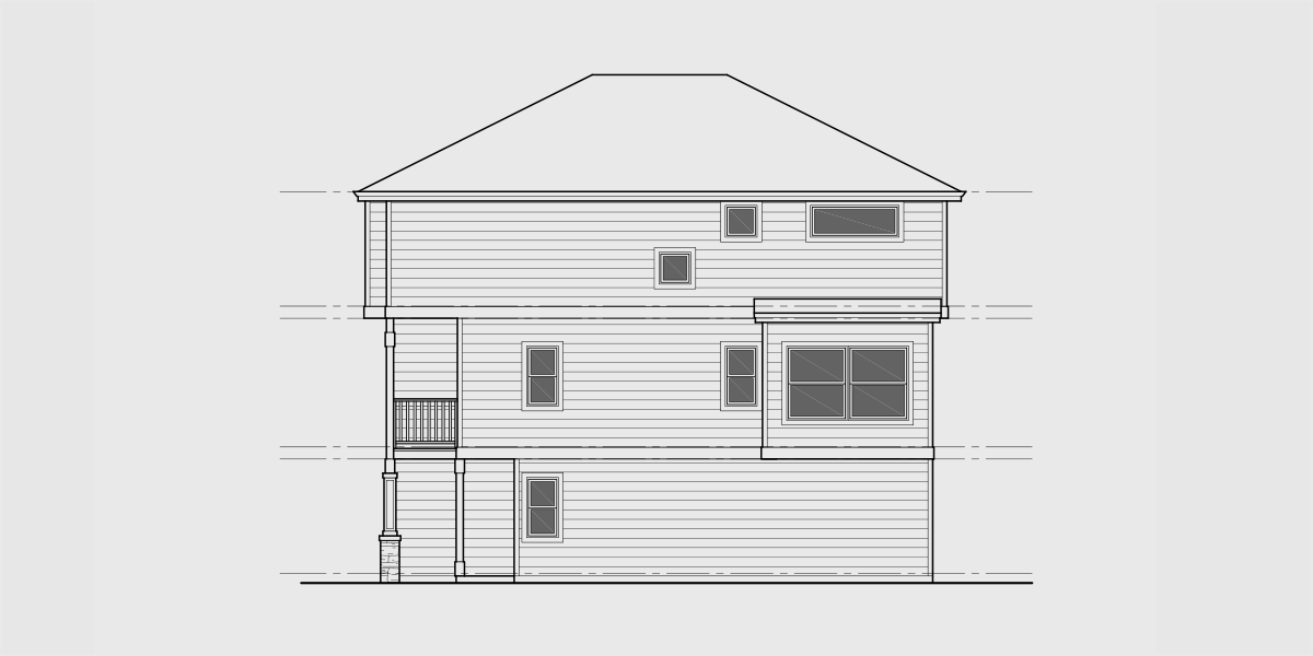 House rear elevation view for D-642 Narrow town house plan D-642