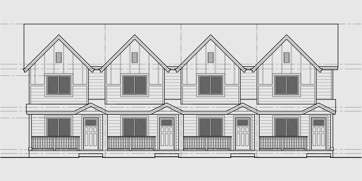 House front drawing elevation view for F-615 Four plex house plan 2 master bedrooms