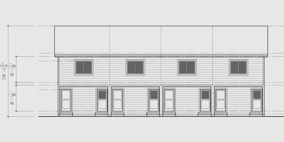 House side elevation view for F-615 Four plex house plan 2 master bedrooms