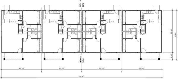Main Floor Plan 2 for F-618 One Level 4 Plex Townhouse Housing Plan: 2 Bed, 2 Bath F-618 