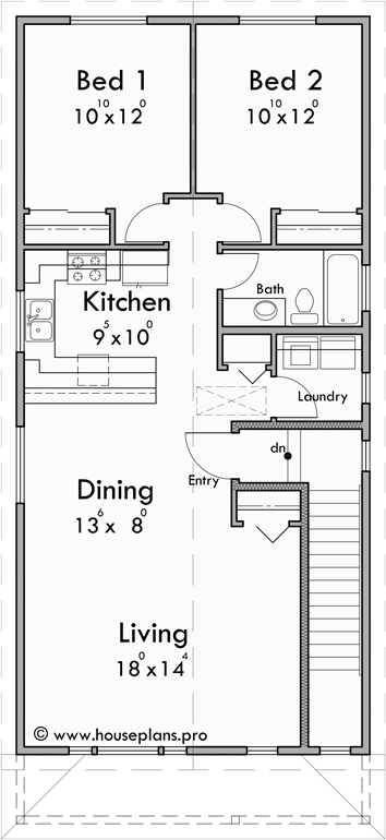 Upper Floor Plan for T-429 Narrow Lot Triplex House Plan (Stacked Units) T-429