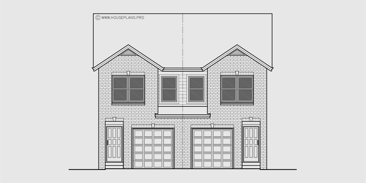 House front drawing elevation view for D-667 Narrow town house, duplex plan D-667