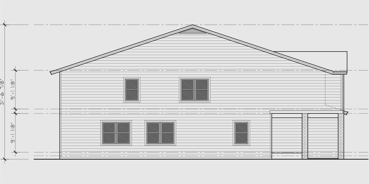 House rear elevation view for D-667 Narrow town house, duplex plan D-667