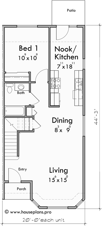 Main Floor Plan for D-665 Wheelchair Accessible Duplex Housing Plan with Main Floor Bedroom D-665