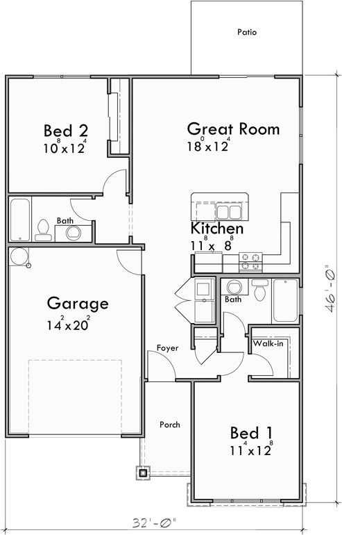 Main Floor Plan for 10202 Small House Plan with 2 Master Bedrooms & a Single Car Garage 10202