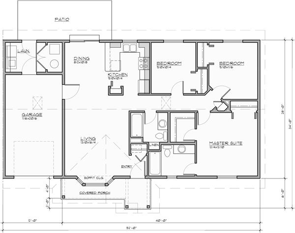 3 Bedroom 2 Bath Ranch Duplex House Plan, D-643