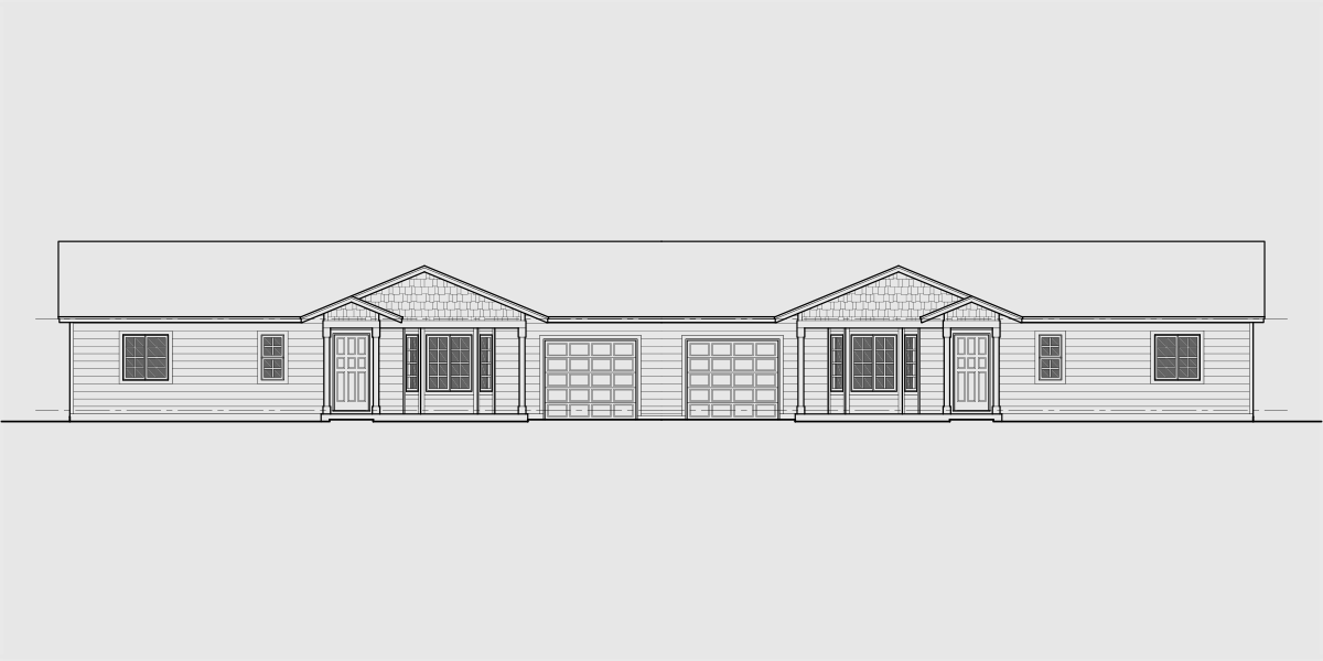 House front drawing elevation view for D-643 3 bedroom 2 bath ranch duplex house plan, D-643