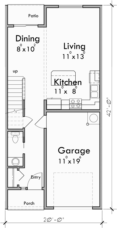 Main Floor Plan for S-743 Craftsman Town House Plan: 3 Bedroom, 2.5 Bath, with Garage S-743