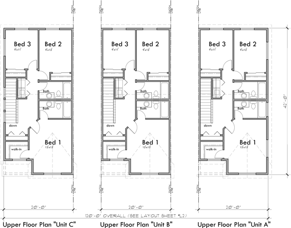 Upper Floor Plan 2 for Craftsman Town House Plan: 3 Bedroom, 2.5 Bath, with Garage S-743