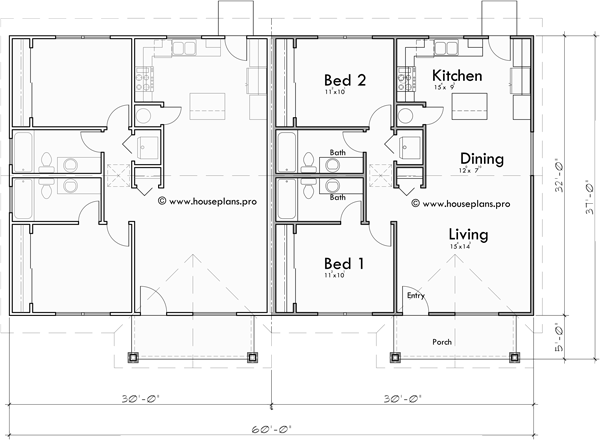 Main Floor Plan for D-672 One Level Duplex House Plan: 2 Bedroom, 2 Bathroom D-672