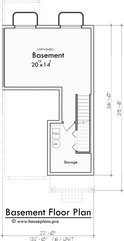 Lower Floor Plan for S-742 6 Unit Townhome Design: 3 Bedroom, 2.5 Bath with Basement and 1 Car Garage s-742