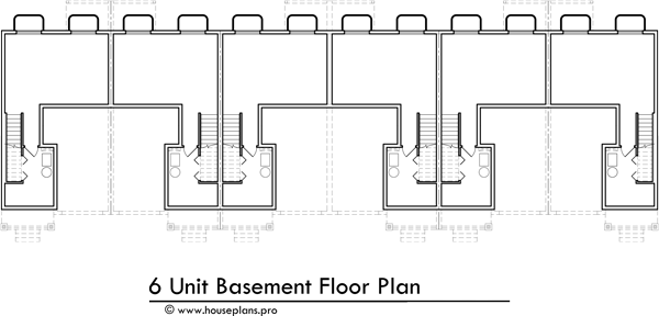 Lower Floor Plan 2 for 6 Unit Townhome Design: 3 Bedroom, 2.5 Bath with Basement and 1 Car Garage s-742