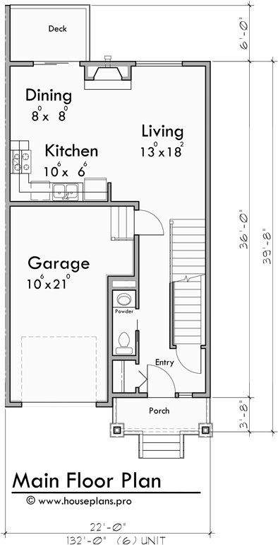 Main Floor Plan for S-742 6 Unit Townhome Design: 3 Bedroom, 2.5 Bath with Basement and 1 Car Garage s-742