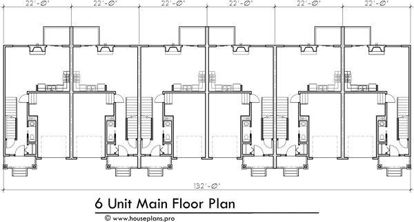 Main Floor Plan 2 for S-742 6 Unit Townhome Design: 3 Bedroom, 2.5 Bath with Basement and 1 Car Garage s-742