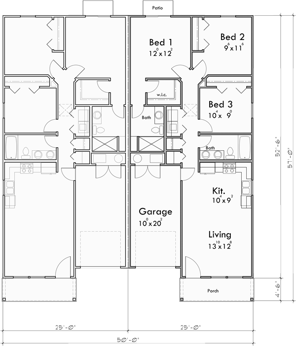 Main Floor Plan for D-678 25ft Wide Duplex House Plan: 3 Bed, 2 Bath with Garage D-678