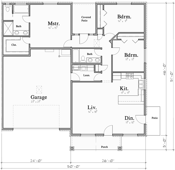 Main Floor Plan for D-682 Ranch Style Duplex House Plan: 3 Bedroom, 2 Bath, with 2 Car Garage D-682