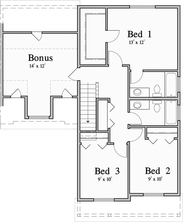 Upper Floor Plan for D-671 Craftsman Duplex House Plan: 3 Bedroom, 2.5 Bath, and Single Car Garage D-671