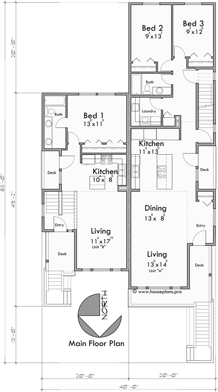 Main Floor Plan for D-676 Modern Duplex house plan for great view lots