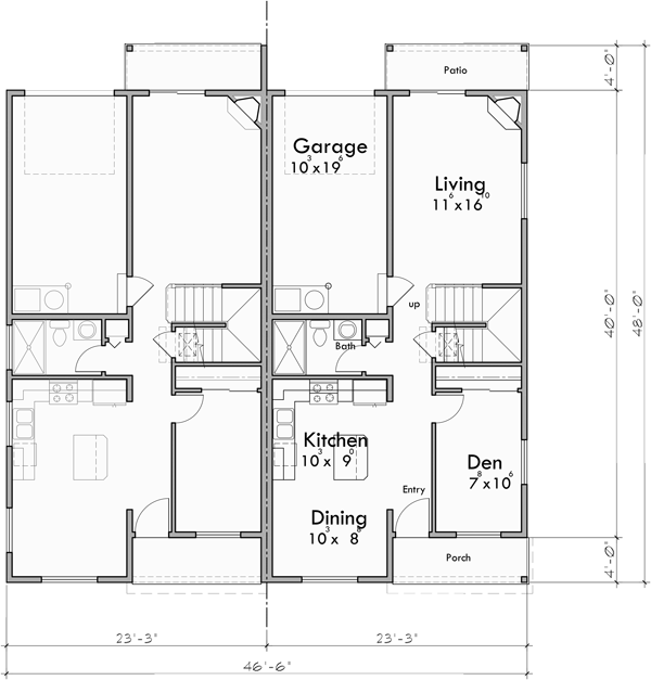 Main Floor Plan for F-626 4 unit town house plan with rear garage and main floor bedroom F-626