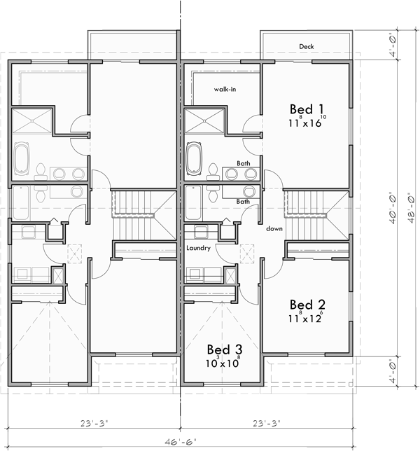 Upper Floor Plan for F-626 4 unit town house plan with rear garage and main floor bedroom F-626