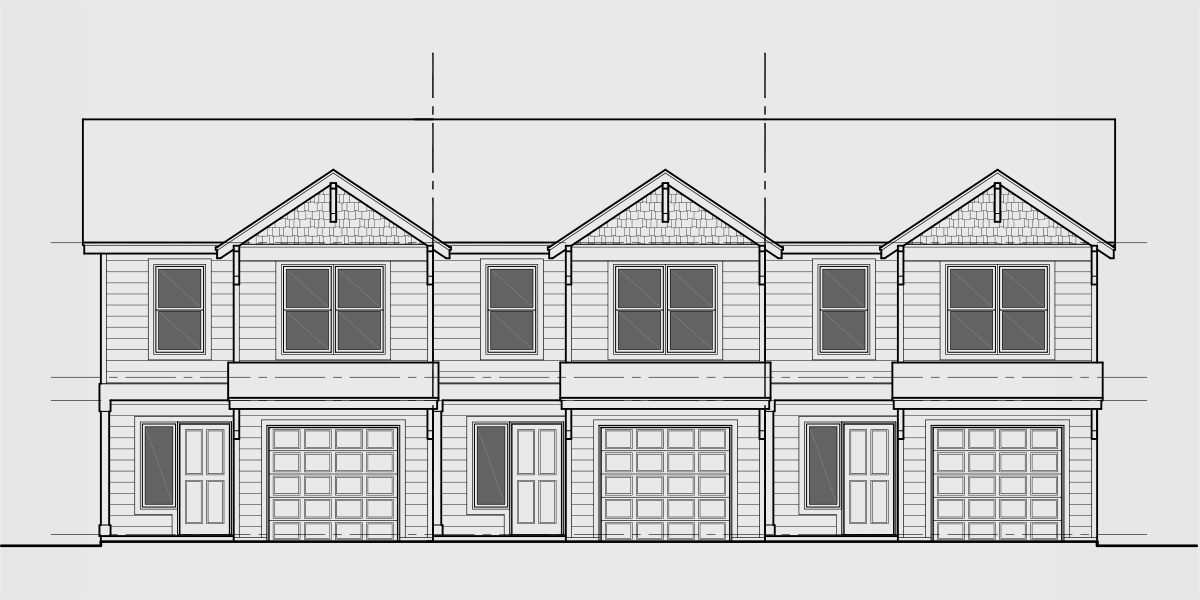 House rear elevation view for T-433 Triplex town house plan w/ 2 hour party wall