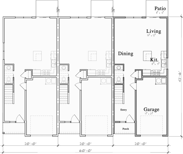 Main Floor Plan for T-433 Triplex town house plan w/ 2 hour party wall