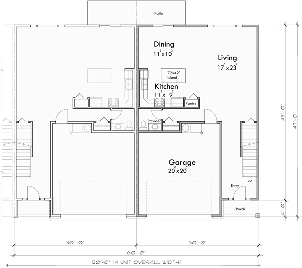 Main Floor Plan for F-625 Modern four plex house with 2 car garage F-625