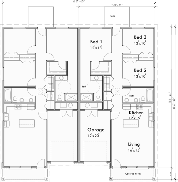 Main Floor Plan for D-688 Wheelchair accessible, wide doorways and halls, duplex house plan, D-688