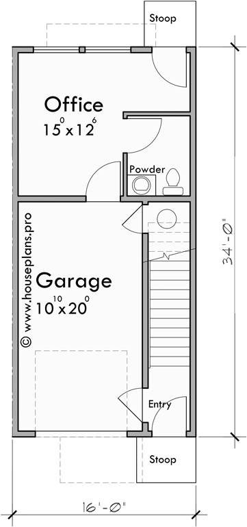 Lower Floor Plan for F-628 4 plex town house plan, narrow 16 ft wide units, F-628