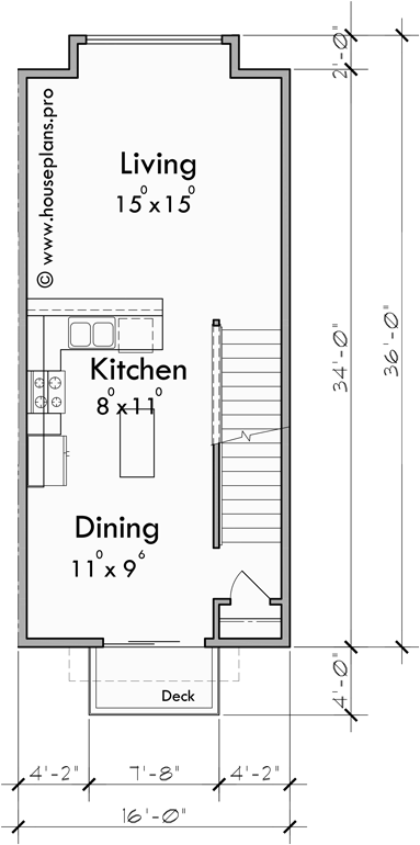 Main Floor Plan for F-628 4 plex town house plan, narrow 16 ft wide units, F-628