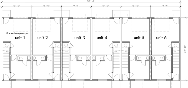 Lower Floor Plan 2 for 6 plex town house plan, narrow 16 ft wide units, rear garage, S-747
