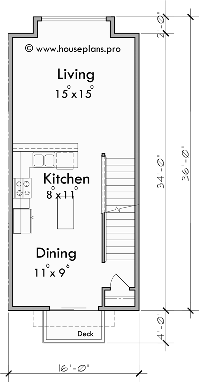Main Floor Plan for S-747 6 plex town house plan, narrow 16 ft wide units, rear garage, S-747
