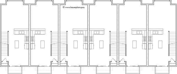 Main Floor Plan 2 for S-747 6 plex town house plan, narrow 16 ft wide units, rear garage, S-747