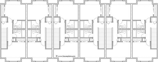 Upper Floor Plan 2 for 6 plex town house plan, narrow 16 ft wide units, rear garage, S-747